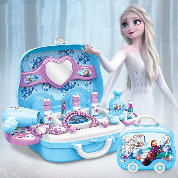 Boîte à cosmétique Elsa et Anna pour fille, couleurs bleu et rose.