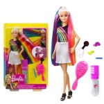 Poupée style Barbie pour fille avec cheveux arc-en-ciel, qui porte une jupe blanc dans une boite