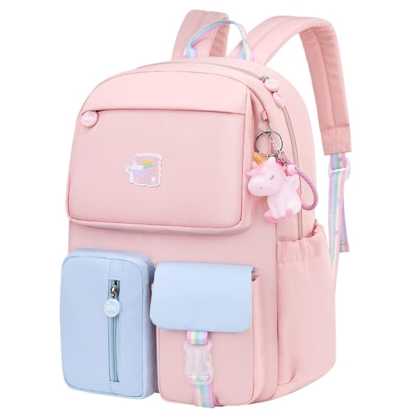 Sac à dos scolaire rose et bleue pour fille avec un porte-clé
