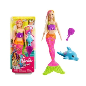 Sirène Barbie Dreamtopia pour filles, dans une boite avec un miroir et un petit dauphin bleu.