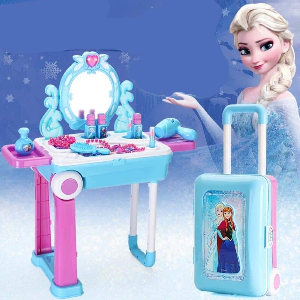 Boîte à maquillage Reine des neiges pour fille complet, couleurs bleues et rose.
