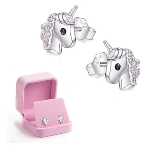 Boucles d'oreilles rose et argenté licorne pour fille avec une boîte rose
