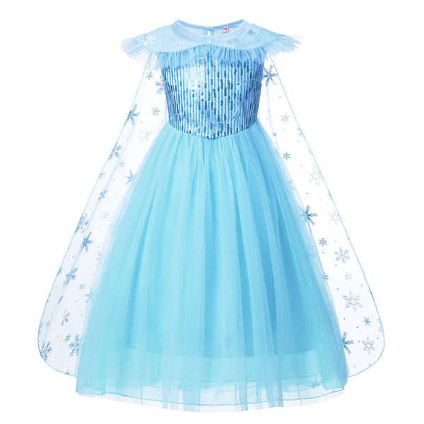 Déguisement robe bleue avec cape princesse Reine des Neiges pour petite fille avec un fond blanc