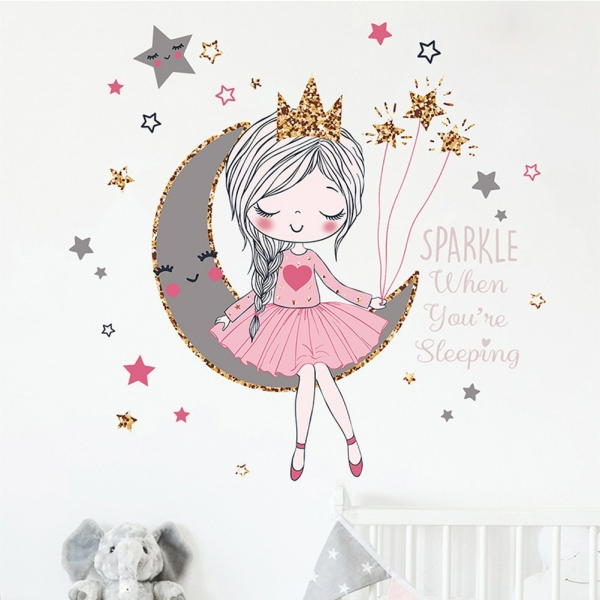 Autocollant murale princesse sur la lune pour filles avec un fond une chambre d'enfant
