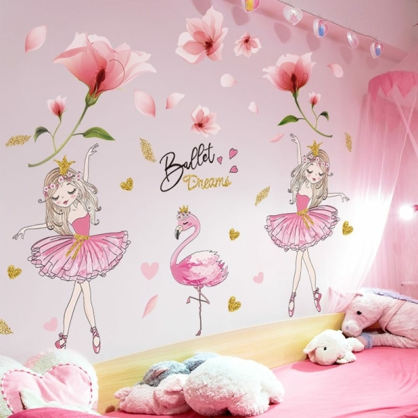 Autocollante murale pour décoration de chambre de fille rose à la mode