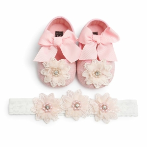 Ballerine avec nœud papillon et fleur pour fille rose et blanc à la mode