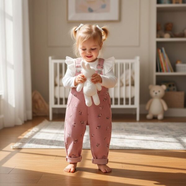 Ensemble 2 pièces salopette et t-shirt blanc porté par une petite fille d'environ 2 ans qui se tient debout dans sa chambre avec un doudou blanc dans les mains.