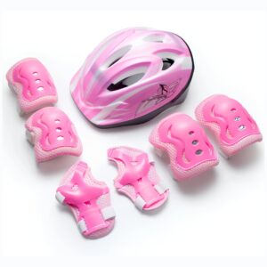 Ensemble de protections de vélo pour filles complet roses : un casque, des genouillères, des coudières et des protections pour les poignets.