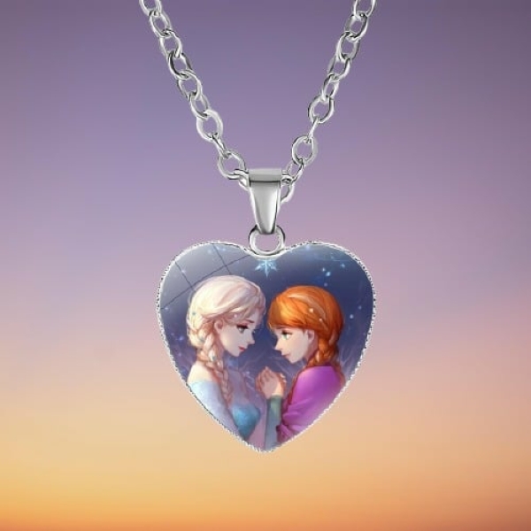 Collier pendentif en cœur avec princesse Anna et Elsa pour fille à la mode