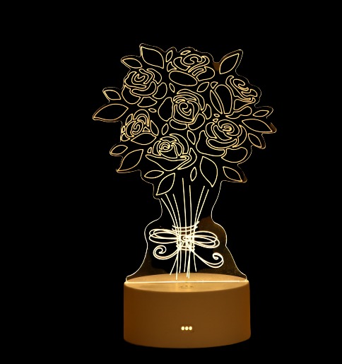 Veilleuse fleur lumineuse 3D à LED en acrylique pour filles avec un fond noir