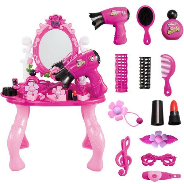 Coiffeuse avec miroir pour fille dans plusieurs nuances de roses, et sur la droites sont exposés et référencés l'ensemble des accessoires