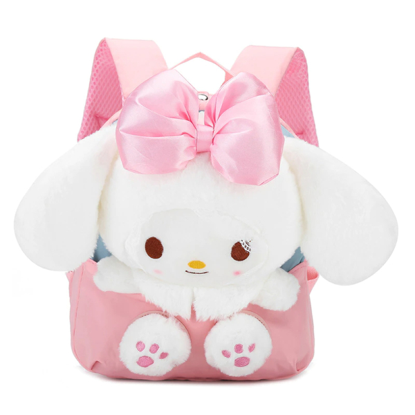 Cartable pour petite fille rose avec une peluche de petit lapin avec de grandes oreilles intégrée au sac il porte sur la tête un gros nœud rose en satin