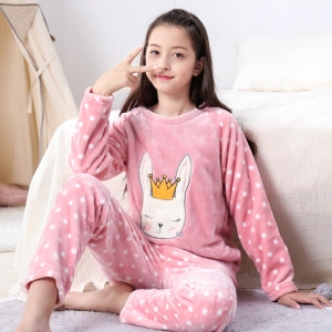 Pyjama polaire chaud à motif lapin avec une couronne pour filles rose à la mode