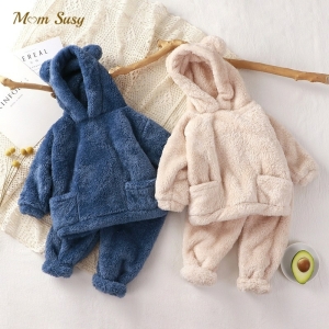 Pyjama tout doux en polaire à capuche avec des oreilles d'ours pour filles plusieurs couleurs
