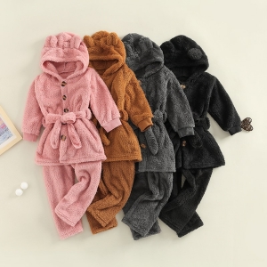 Pyjama polaire à capuche avec des oreilles d'ours et ceinture pour filles à plusieurs couleurs à la mode