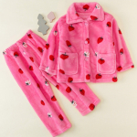 Pyjama polaire à motifs fraise et ours mignon roses pour filles à la mode