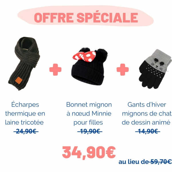 pack hiver pour fille : écharpe + gant chat + bonnet minnie