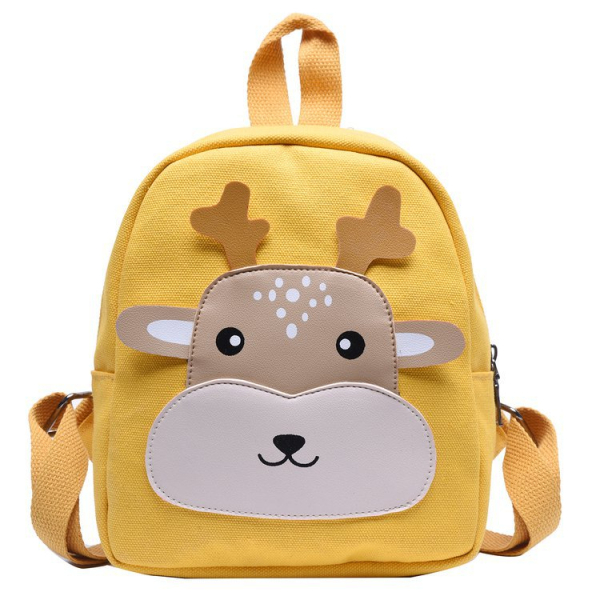 Un sac à dos jaune avec un visage mignon de renne pour fille. Le visage d'animal est de couleur beige et marron. Il a une hanse sur le dessus et deux bandoulières à l'arrière.