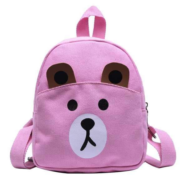 Un sac à dos rose avec un visage mignon d'ourson pour fille. Le visage d'animal est de couleur blanche et marron. Il a une hanse sur le dessus et deux bandoulières à l'arrière.