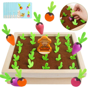 Jeux Montessori ensemble de 24 carottes en bois pour petites filles avec des carottes et des cartes avec un fond blanc