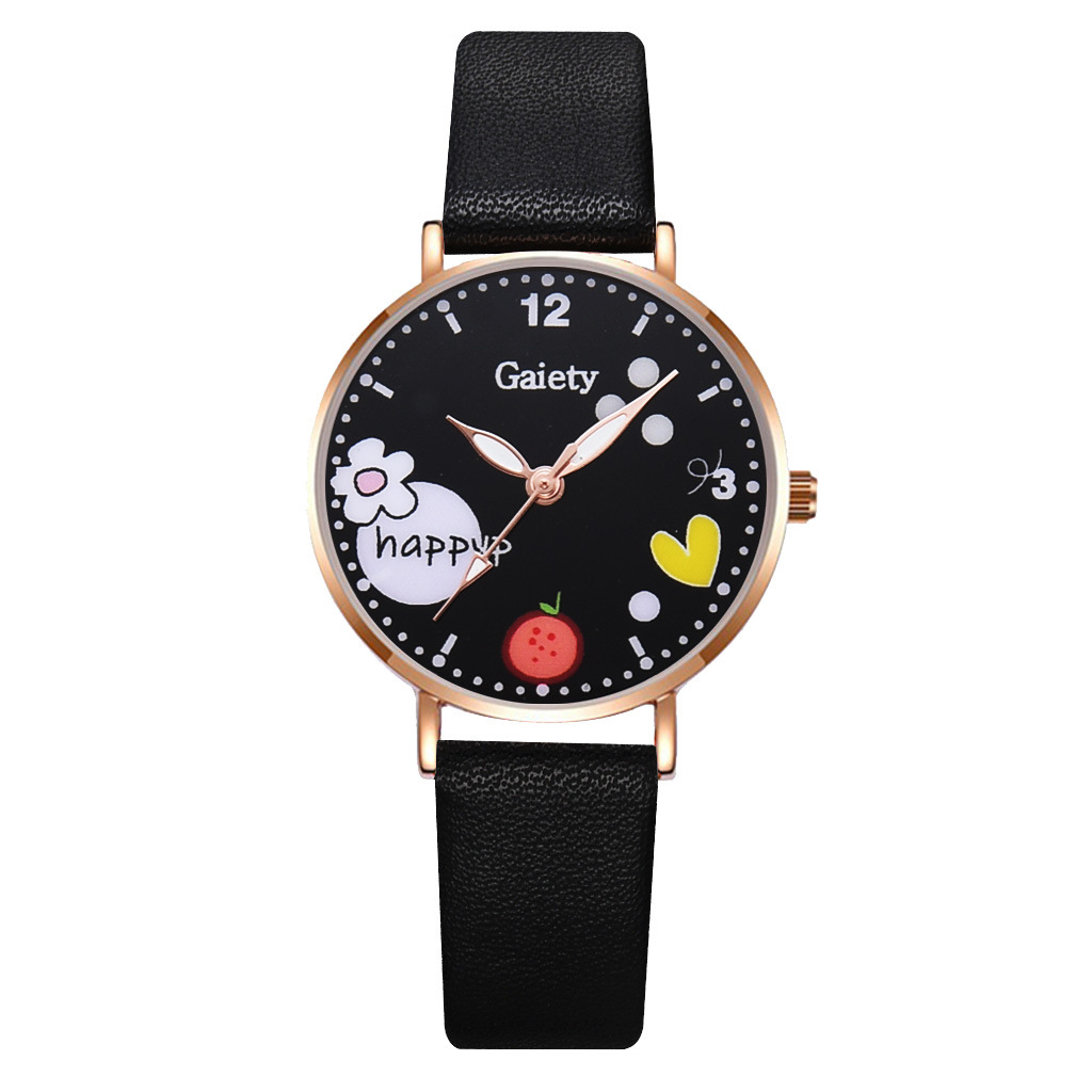Montre Femme Fine Noire Cœurs & Chiffres - Budget Beauté - Boîtier Doré Acier