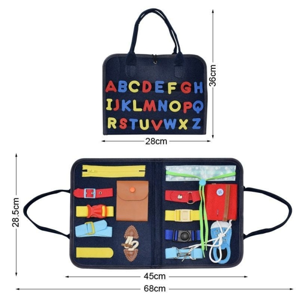 Mallette pour apprendre à faire les lacets, ouvrir une fermeture éclaire, fermer et ouvrir un bouton, une pression, un clip, attacher une ceinture, serrer un lien, avec l'alphabet devant