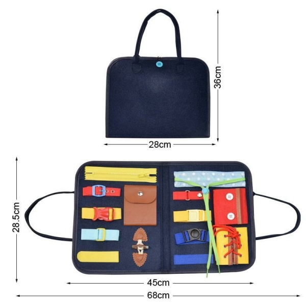 Mallette avec différents objet du quotidien comme des boutons, des lacets, un clip, mousqueton, fermeture Eclair.