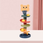 Toboggan 5 étages avec tête d'ourson au sommet et panier de basket rampes de couleurs pour faire descendre des balles jaunes