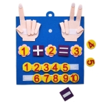 Jouet Montessori pour apprendre à compter avec les doigts, de couleur bleu, 2 mains en haut avec les signes du plus et du moins avec des numéros rouges sur fond jaune.