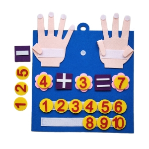 Planche apprendre à compter avec 2 mains pour abaisser les doigts, de couleur bleue, 2 mains en haut avec les signes du plus, du moins avec des numéros rouges sur fond jaune.