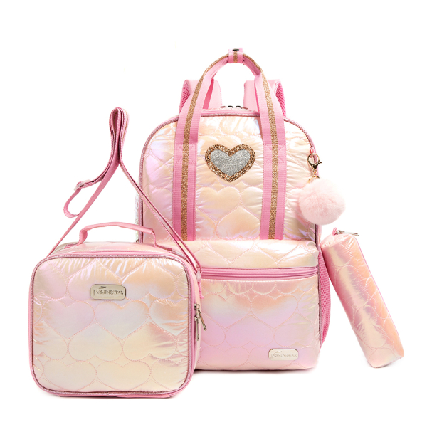 Sac à dos maternelle fille à motifs de cœur de couleur rose avec une boite à lunch et une trousse