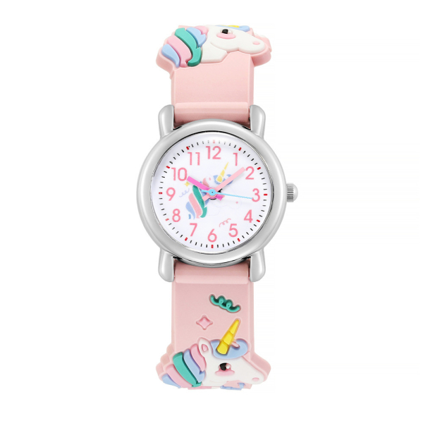 Montre licorne couleur pastel pour fillettes rose avec un fond blanc