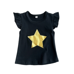 Sur fond blanc, t-shirt noir pour fille avec manches courtes à volants et motif central d'étoile dorée à 5 branches