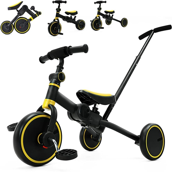 Tricycle noir et jaune de profil, avec au-dessus 3 miniatures de ce tricycle dans différentes positions