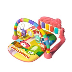 Tapis d'éveil musical rose pour bébé composé d'un tapis rectangulaire et de jouets qui pendent