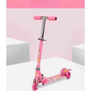 Trottinette à 3 roues ajustables roses pour filles avec un fond rose avec des blocs blanc