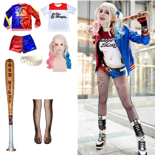 Déguisement Harley Quinn avec une batte de baseball pour filles. Bonne qualité et très à la mode