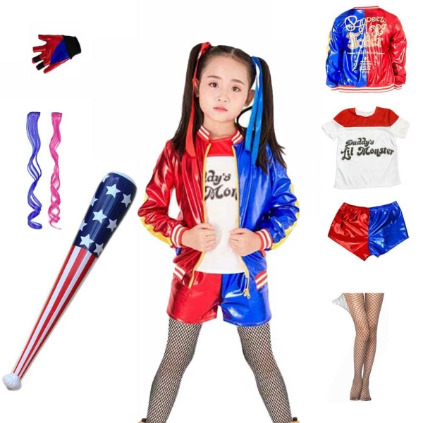 Déguisement Harley Quinn Squad Monster pour filles, bleu, blanc, rouge avec accessoires complet.