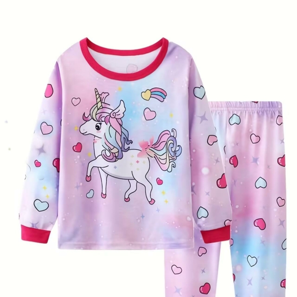 Pyjama violet multicolore à motif cœur et licorne, avec t-shirt manches longues et pantalon