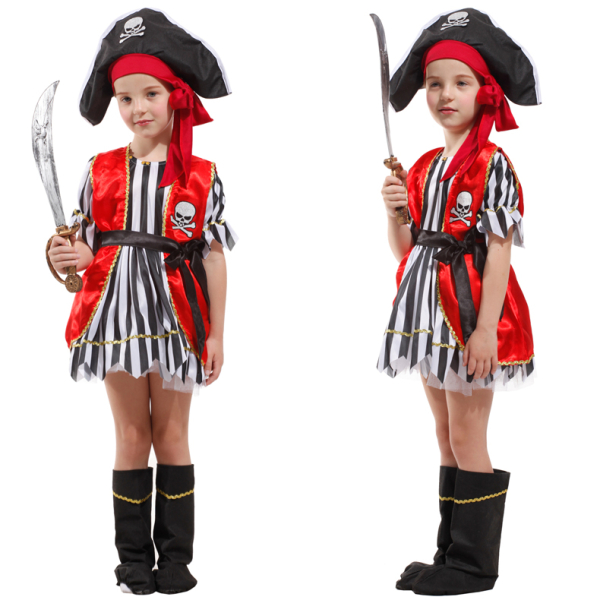 Déguisement petite pirate robe à rayures pour filles avec un fond blanc