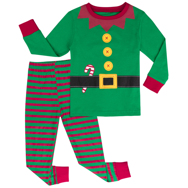Pyjama vert avec t-shirt lutin et pantalon rayé