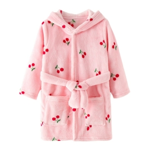 Robe de chambre pour fille douce rose avec des imprimés cerises rouges