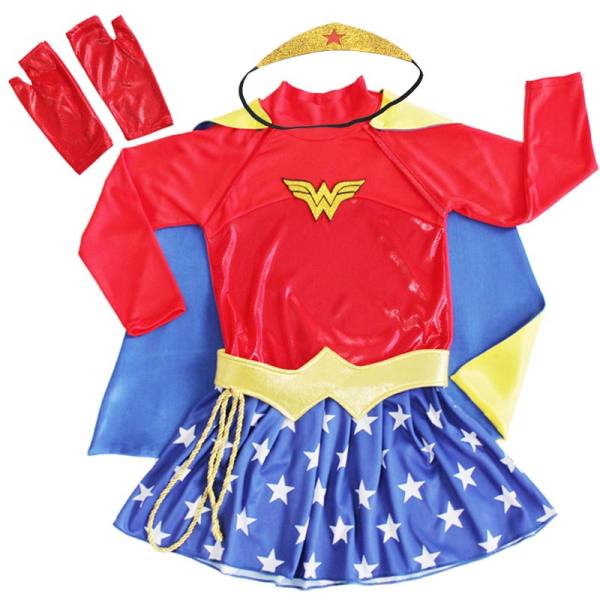 Déguisement Wonder Woman avec une cape bleu pour filles img Deguisement Wonder Woman avec une cape rouge pour filles 03