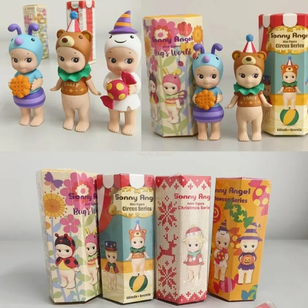 Plusieurs figurines Sonny Angel et leurs boîtes d'emballage, sur fond gris