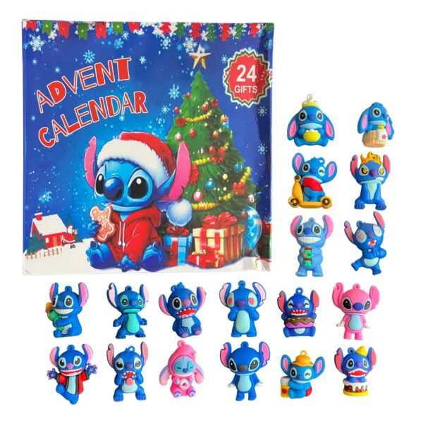 Calendrier de l'Avent Stitch sur fond blanc, avec toutes les figurines disponibles devant la boite