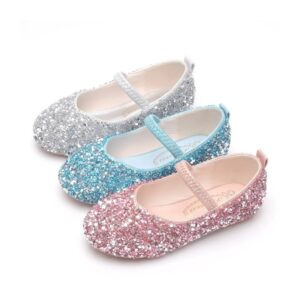 Trois ballerines étincelantes pour fille, décorées de paillettes argentées, bleues et roses, avec une bride élastique pour un maintien parfait.