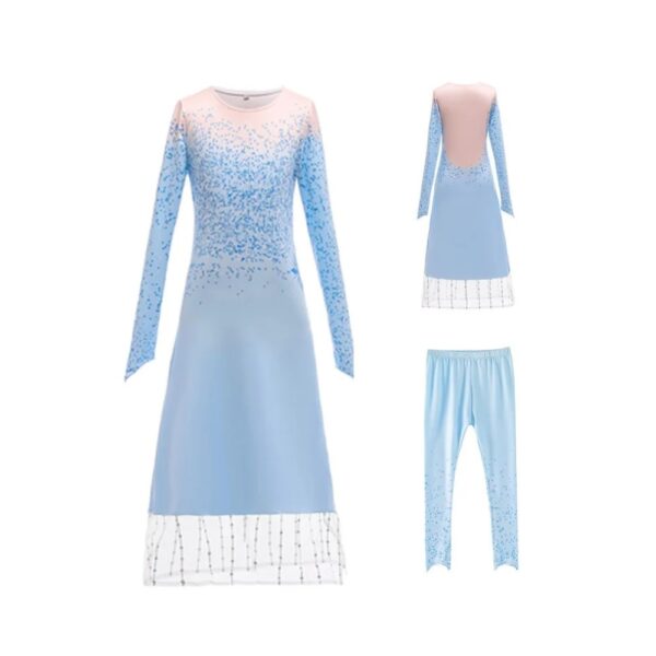 Déguisement de princesse Elsa bleu inspiré de Disney. Comprend une robe longue bleue à manches longues ornée de motifs scintillants et un legging assorti pour un confort optimal. Parfait pour les déguisements, les fêtes ou les jeux d'imagination.