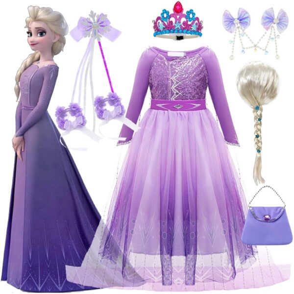 Robe de princesse Elsa violette à paillettes inspirée de Disney. La tenue comprend une robe élégante avec des manches longues, une jupe en tulle dégradée, des accessoires assortis tels qu'une couronne, une perruque tressée blonde et un petit sac.