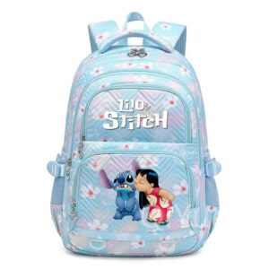 Cartable fille Lilo et Stitch bleu pastel avec motifs fleuris, léger et confortable pour l’école.