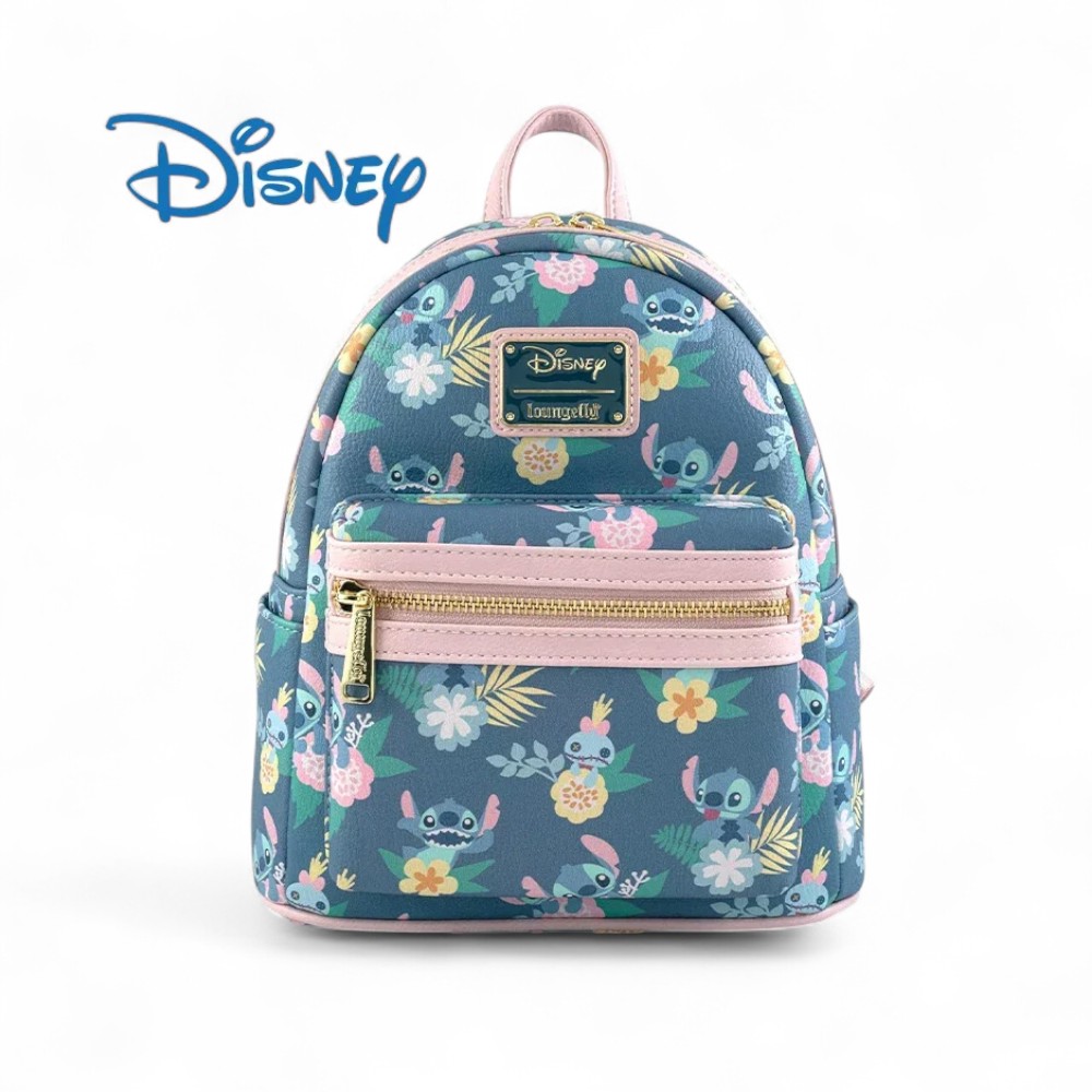 Sac à dos fille Stitch 25 cm avec fleurs rose et bleu • Petites